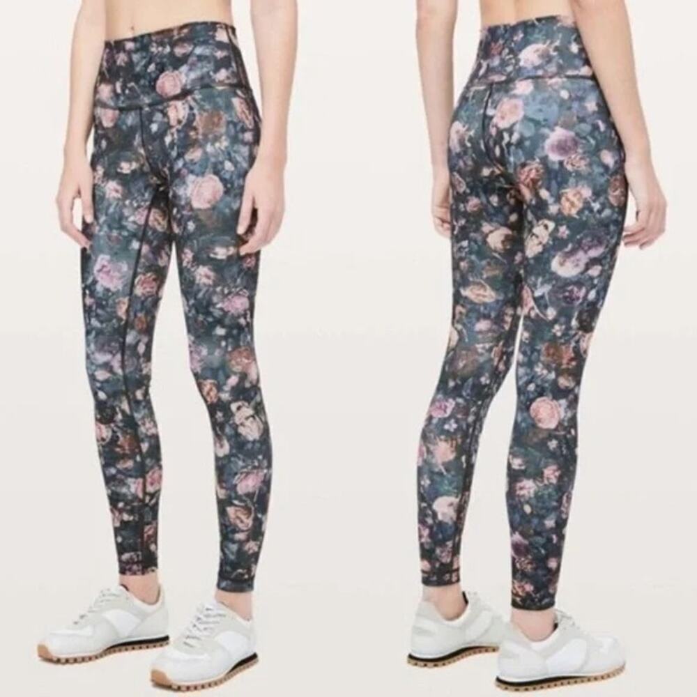 Lululemon Sz 10 Leggings Rose Pink Floral Gray Tight Yoga Running Unique
